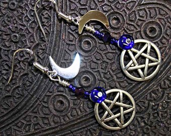 Pentagram Earrings with Moons and Stars... Wiccan Priestess, Pagan, Earth Loving Path, Ritual wear, Ceremonial.