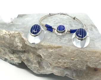 Set of Vintage Sterling Silver and Lapis Lazuli Inlay Post Earrings and Liquid Silver Bracelet