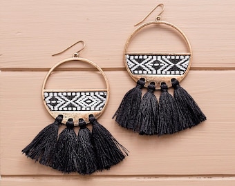 White and Black Embroidered Fringe Earrings