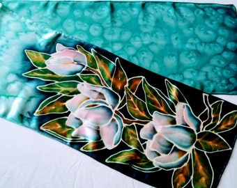 Magnolias on Teal Hand-painted Silk Scarf Ready to Ship Free Shipping