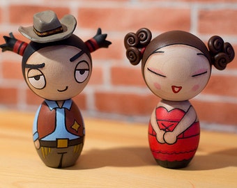 Pucca and Garu inspired kokeshi dolls. Wild West. A set