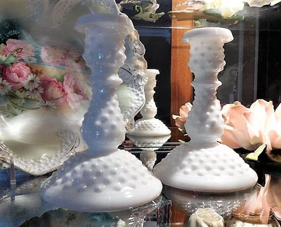 Fenton Milk Glass Hobnail Candlesticks / Candle Holders Pair