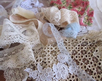 Craft Supplies , Lot of Vintage Lace , Tule, Trims , Mixed Lace Lot , Destash Lace , Sewing Supplies .
