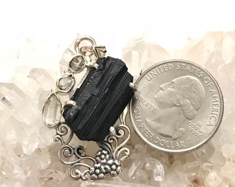Black Tourmaline Rough and Herkimer Diamond Pendant Necklace