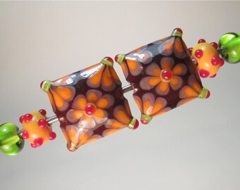 MATCHED PAIRS: FLOWERED Pillows + Coordinating Polka-dot Minnies and Lime Plains Handmade Lampwork Beads by Patti Cahill (6 beads total)