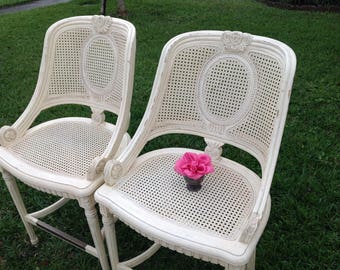 CENTURY CANE BARSTOOLS / Pair of Century Furniture Bar Stools / Cane French Carved Chairs / Baroque Lasalle Cane Chairs at Retro Daisy Girl
