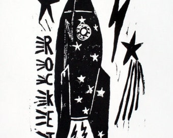 rocket - 9"x12" linoleum block print - wall art