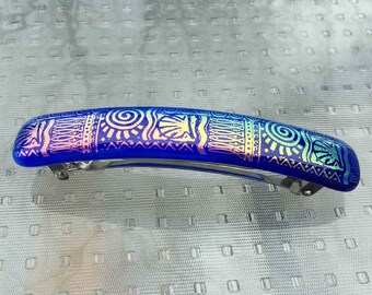 Hair Barrette, French Clip, Blue Green Gold and Pink, Tribal Patterns, Dichroic Glass, Extra Large
