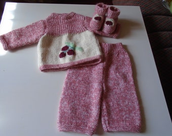 All baby jacket, pants, booties, pink/ecru embroidered cherries, 100% wool