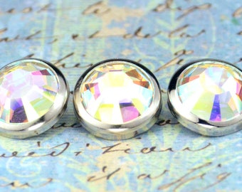 3 Large Aurora Borealis Crystal Hair Snaps - Round Silver Rim Edition -- Made with Swarovski Crystal Element Rhinestones