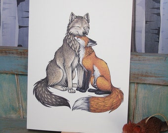 Wolf & Fox Illustration - A4 Print on 270gsm Card available in 3 Colours
