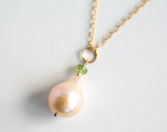 Freshwater drop pearl pendant with green tourmaline, green and peach pearl necklace, June birthstone