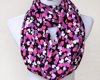Valentine's day Scarf, Hearts Scarf Infinity Scarf Purple Pink Lilac black white hearts circle scarf loop scarf Valentine day scarf gift