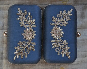 Gray Box Clutch, Luxury Party Bag, Embroidered Handbag, Gray and Gold Evening Bag, Indian Wedding Purse,Bridesmaid Gift,Under 50, Bridal Bag