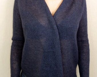 Knitted cardigan woman Light soft Navy luxury mohair jacket Hand made knit cardigan Elegant beautiful transparent Ballerina wrap cardigan