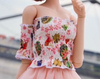 Smart Doll/ Dollfie Dream/ Feeple60/ SD sized shirred Top with removable sleeves