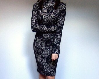 Black Gold Dress Vintage 80s Dress Long Sleeve Dress Bodycon Dress Stretch Dress - Extra Large XL
