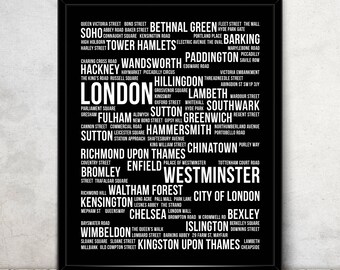 Typographic Poster With Text of London Streets - London Map Typography Poster Printable - Digital Download - London Print - JPG, PNG, EPS