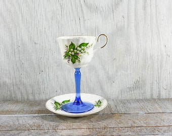 Tea cup wine glass, teacup wine glass, May birthday, lily of the valley, unique wine glass, cottage chic, repurposed, upcycled