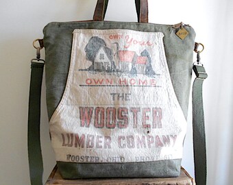 Lumber apron, waxed military canvas carryall, tote bag - Wooster Lumber Co. Ohio - eco vintage fabrics