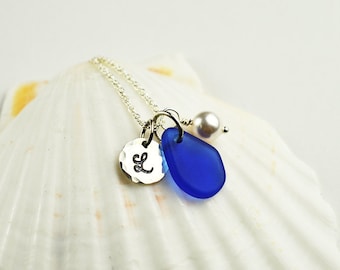 Personalized necklace cobalt blue sea glass necklace with initial sea glass jewelry frosted glass jewellery gift for mother sister friend