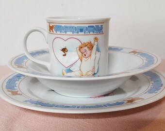 Woodmere China Chesapeake Ohio Railroad C&O "Chessie For Children" Kitten Bowl, Plate, and Cup