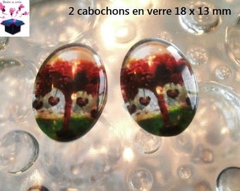 2 cabochons glass 18mm x 13mm bird theme