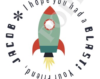 Space Rocket Round Personalized Name Gift Sticker- Set of 20- Rocket Treat Bag Sticker