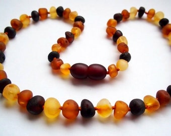 Natural RAW Unpolished Baltic Amber Baby Teething Necklace * Safety Knotted * Multicolored Baroque