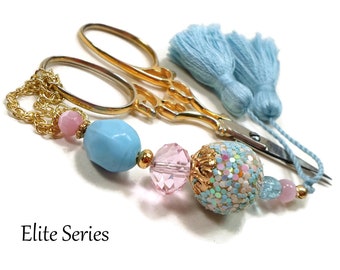 OOAK Scissor Fob, Baby Blue, Pink, Beaded Key Fob, Needlepoint, Quilting, Sewing Accessory, Cross Stitch, Scissor Minder, Scissor Keeper