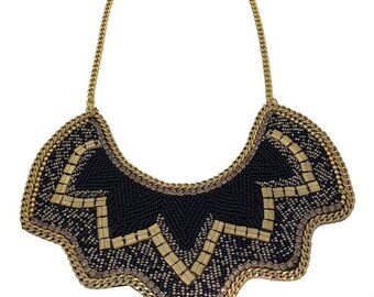 Necklace black and gold plated, Black and Gold statement necklace, Black and gold bead bib necklace