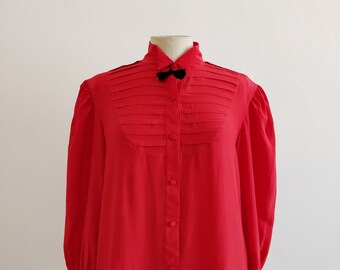 80s red silk blouse with pleated plastron