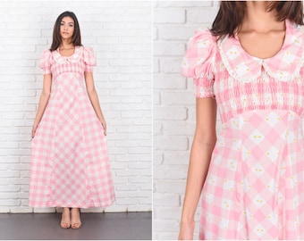 Vintage 70s Pink Boho Dress Checkered Plaid Puff Sleeve Maxi Peter Pan XS 7198 vintage dress 70s dress pink dress boho dress checkered dress
