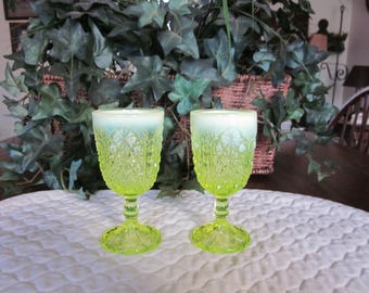 Vintage Pair Of Opalescent Vaseline Glass Juice Glasses
