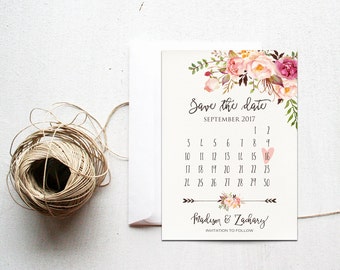 Save the Date Card, Calendar Printable, Boho Chic Wedding Announcement, Romantic, Rustic Floral, Watercolor Neutral Classy