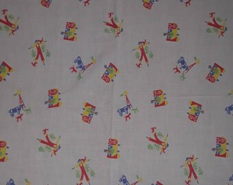 Vintage feed or flour sack fabric, barnyard, yellow blue green red on white, scarecrow barn windmill cow, 1940s or 50s, stitches shown
