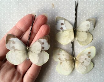 Handmade Butterfly (Pieris Rapae) Hair Bobby Pins in White and Ivory Cotton and Silk Organza Fabric - 3 pieces