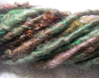 Handspun Hand Dyed Curly Textured Lincoln Longwool Art Yarn in Greens with Chestnut Pink Shades by KnoxFarmFiber for Knit Felt Weave