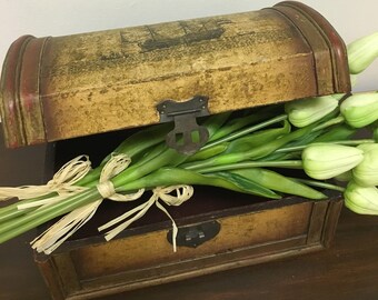 Wooden Ships Box with Domed Lid Etching and Burgundy Velvet Interior and Latch