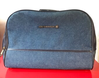 Vintage flight attendant bag, air canada, denim, overnight bag, Pan Am style, 1960s, 1970s flight bag, box bag, hand luggage