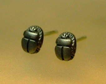 Tiny Sterling Scarab Stud Earrings, Egyptian jewelry, Art Deco earrings, Oxidized Silver, Made to Order
