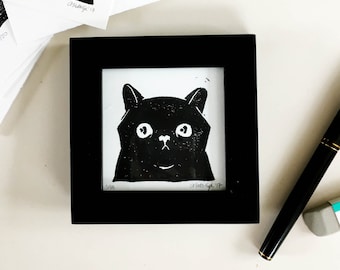 Cute Black Cat Mini Linoleum Block Print