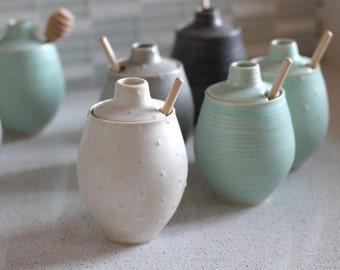Pottery Honey Pot - Polka Dot Frost White Ceramic Pot