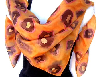 Hand Painted Silk Scarf, Animal Pattern, Leopard Pattern, Orange Brown Copper, 35" Square Silk Scarf, Gift For Her