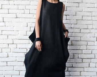 SALE Maxi Linen Dress/Black Linen Kaftan/Plus Size Maxi Dress/Long Sleeveless Dress/Everyday Casual Dress/Loose Evening Comfortable Black Dr