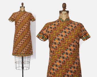 Vintage 60s MINI DRESS / 1960s Ethnic Batik Cotton Boho Shift Dress