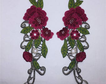 x 1 pair applique lace pink floral sheer lace dark sewing 35.5 x 11 cm @58