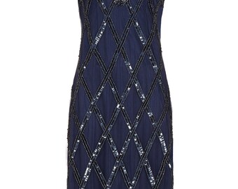 Plus size Liz Navy Blue Vintage inspired 20s Flapper Dress Great Gatsby Charleston Downton Abbey Beaded Bridesmaid Wedding guest Speakeasy