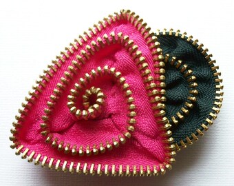 Hot Pink and Dark Grey / Gray Geometric Flower Floral Brooch / Zipper Pin with Brass Teeth by ZipPinning -2681