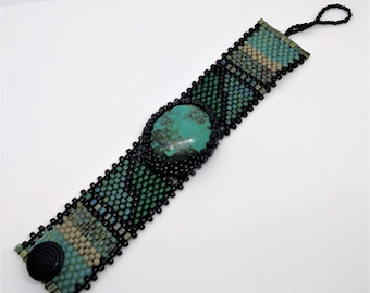 Jewelry - Free Form Peyote Stitch Beaded Bracelet CUFF - Bead Weaving - Turquoise - BOHO
